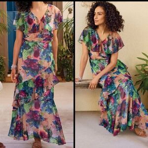 Soft Surroundings Ambrosia Tiered Floral Maxi Dress L NWOT